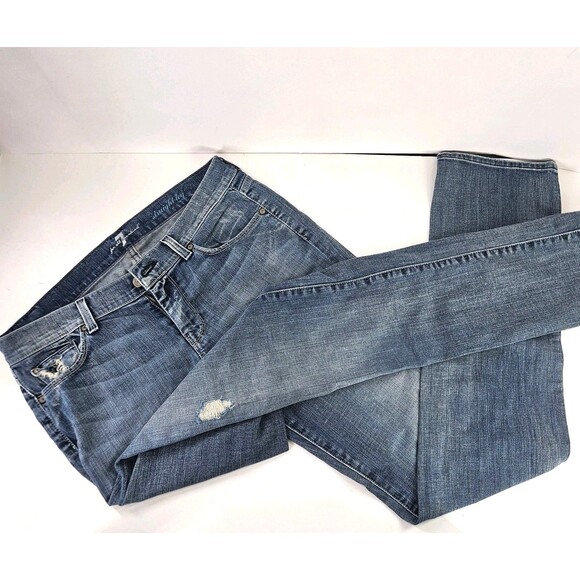 7 for all Mankind Denim Jeans Women's 30 Straight Distressed Med Wash Low USA - Picture 2 of 16